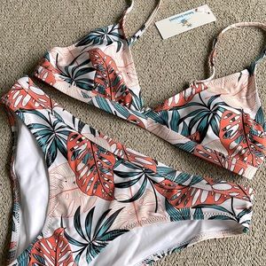 Beachsissi Leaf Print V Neck Bikini Set